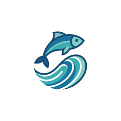 Obraz premium Blue fish jumping over stylized ocean waves icon.