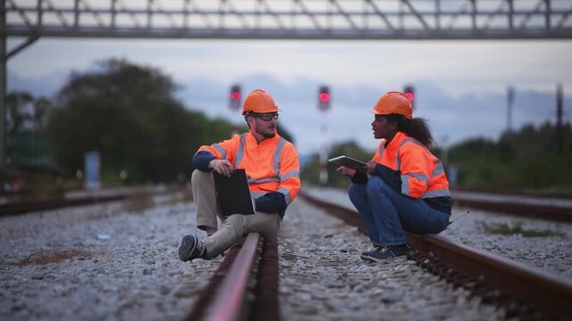 Engineers railway team wearing safety uniform under conversation document on hand inspection survey container boxes railway work station is industry transportation cargo import export concept.	