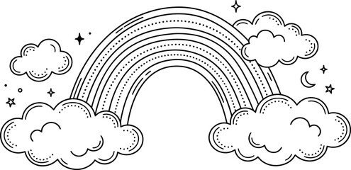 Fototapeta premium Whimsical Rainbow and Clouds Line Art Illustration - Black and White Drawing
