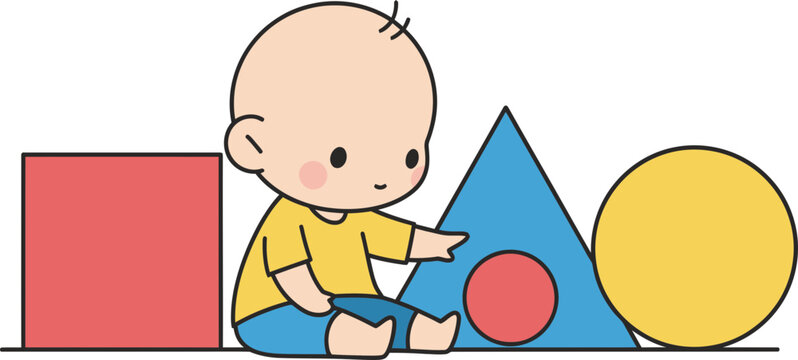 Cute baby playing with colorful geometric shapes, learning blocks, early childhood education concept