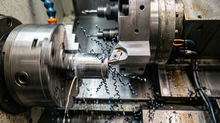 Obraz premium CNC lathe machine cutting metal workpiece with blue shavings and coolant.