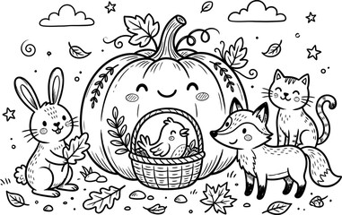 Fototapeta premium Black and white illustration of animals with a pumpkin and basket