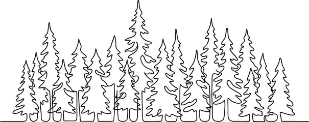 Continuous Line Drawing of Evergreen Forest Silhouette - Minimalist Tree Landscape © Mutoher