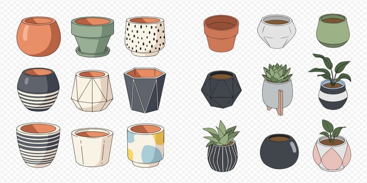 Collection of various empty and potted plant pots in different styles and colors.