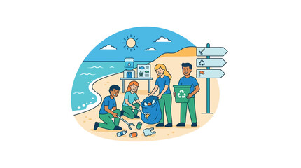 Obraz premium Volunteers cleaning beach, collecting trash for recycling, environmental care concept