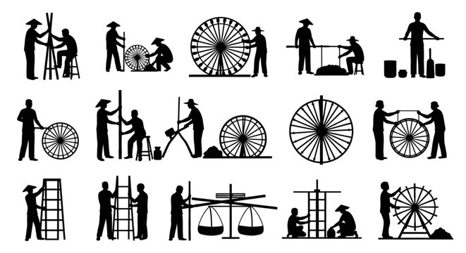 Workers construct and repair large spoked wheels and machinery in a factory setting with silhouettes.