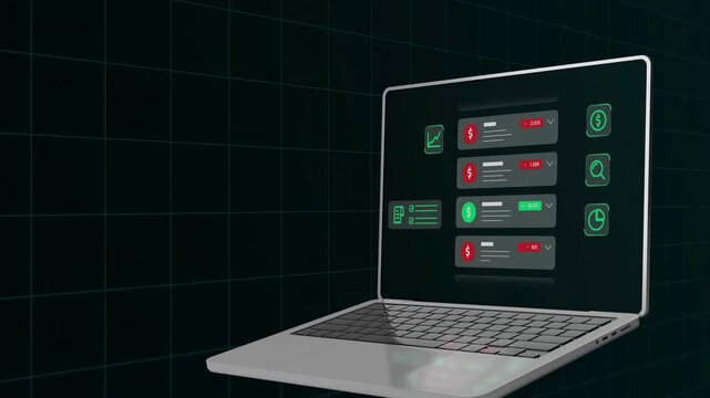 Laptop, computer screen, cybersecurity, hacking, green red interface, dark background