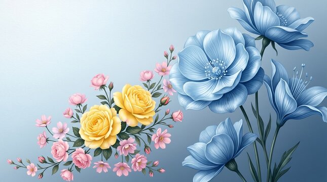 Premium 916 vertical wallpaper featuring an elegant composition of monochromatic blue flowers concentrated on the right side of the frame and dos rosas color amarillo