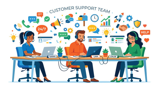 Customer support team representatives collaborate at a shared table while utilizing headsets and laptops to resolve service requests.