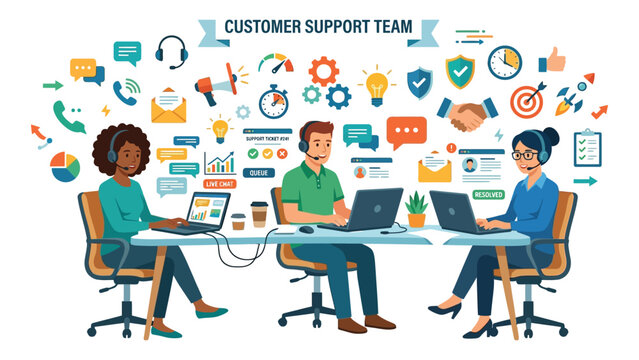 Customer support team members work together at a desk while using laptops and headsets to manage client inquiries.