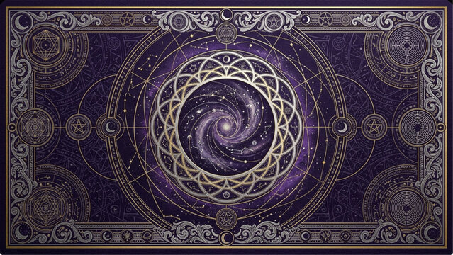 Cosmic Portal Tarot Card Back with Galaxy Spiral and Sacred Geometry