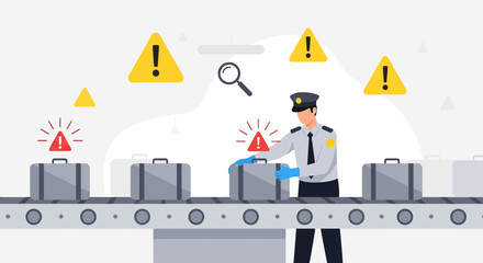 Obraz premium Airport Security Officer Inspects Luggage on Conveyor Belt