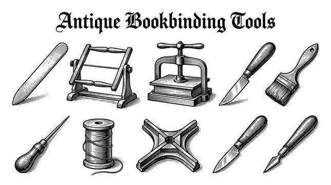 Vintage Bookbinding Tools Illustration Set, Hand Drawn Engraving Style Vector Graphics of Antique Craft Equipment for Book Restoration and Binding