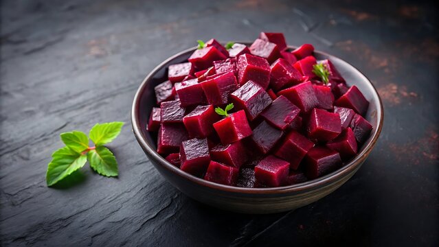 Diced Cooked Beets in a Bowl with Fresh Mint Leaves beetroot chopped