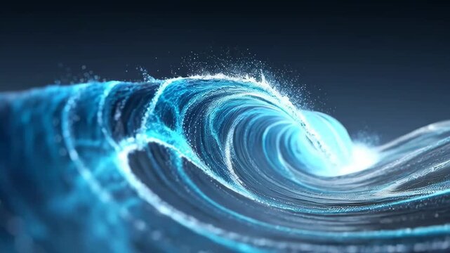 A dynamic ocean wave shown in a stylized artistic style on a dark background, representing energy and motion