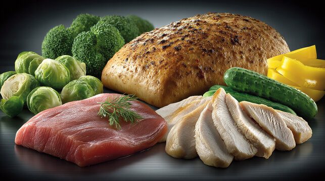 Gourmet selection of raw meat and fresh vegetables on dark surface with vegetables, broccoli