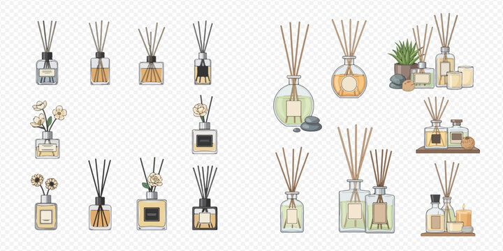 A collection of various reed diffusers with different bottles and scents, creating a relaxing atmosphere.
