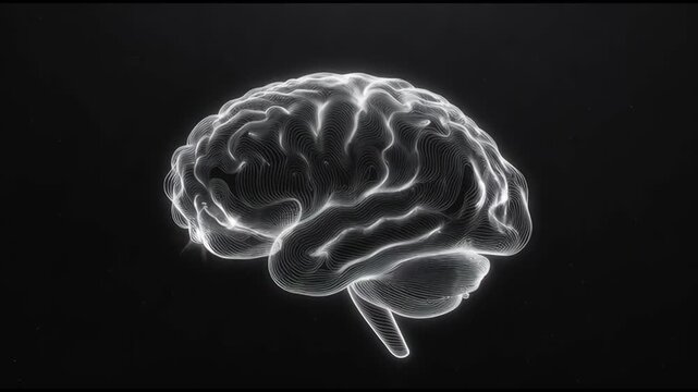 Glowing abstract brain in line-art style on dark background, symbolizing intelligence and cognition concept