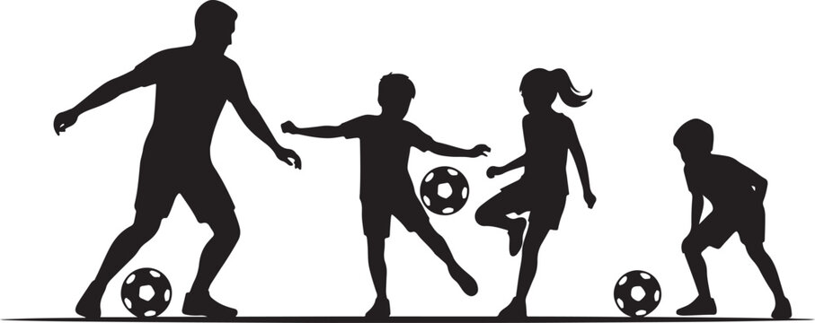Silhouette illustration of father and children playing soccer outdoors