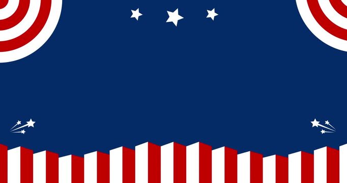 Copy space background animation for text and decorative ornaments in the colors of the United States flag. A combination of navy blue, red, and white.