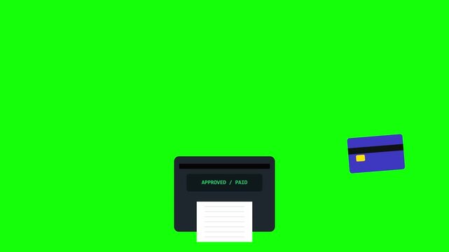 Credit card payment animation with terminal and receipt. Features a blue credit card, processing message, and approved status on a green screen backdr