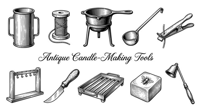 Vintage Antique Candle-Making Tools Collection, Engraving Style Vector Illustration with Melting Pot, Wick Spool, Beeswax, and Snuffer