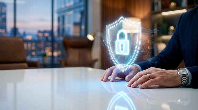 Close up photo of businessman protecting business data from digital cybersecurity threats using glowing security shield hologram on white office desk