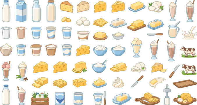 Generative AI vector illustration of dairy products icon set featuring milk bottles cheese slices yogurt butter ice cream and cows