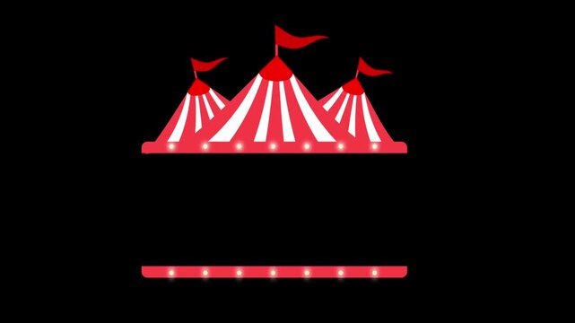 Red and white striped circus tent marquee with flashing frame lights blinking on a black background.