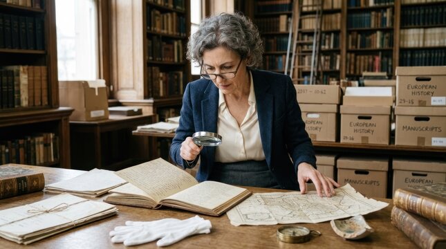 A woman in a suit and tie, wearing glasses, is examining old documents in a library.