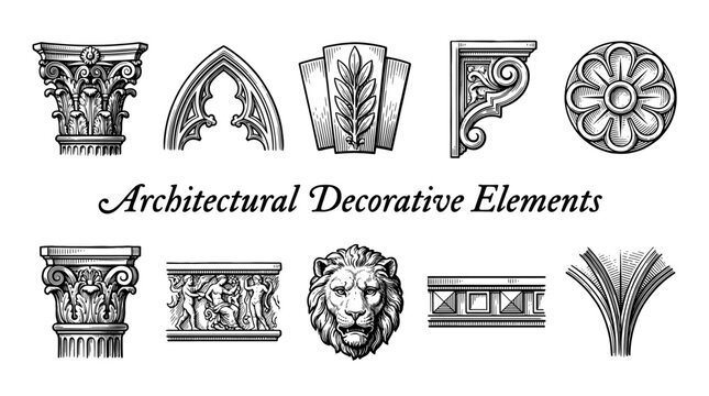 Set of Classical Architectural Decorative Elements, Vintage Engraved Style Vector Illustration of Columns, Lion Head, Gothic Arch, and Ornaments for Building Design