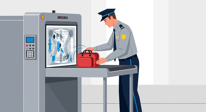 Airport Security Officer Scanning Luggage at X-Ray Machine
