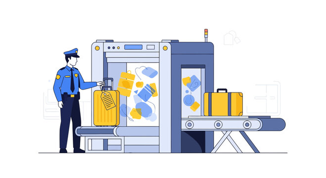 Airport security officer scanning luggage at x-ray machine, travel safety concept.