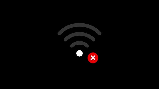 Animated white Wi-Fi signal icon on black background showing connection progress from disconnected status with red cross to full strength signal bars