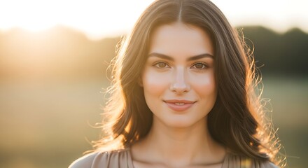 Naklejka premium Woman smiling in soft sunlight portrait with neutral background