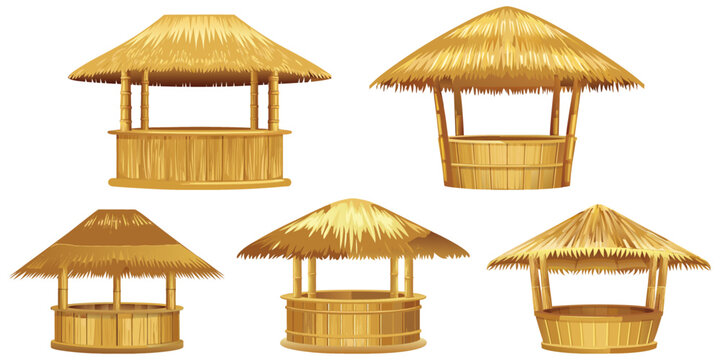 A set of tropical beach tiki bars and circular wooden stalls topped with traditional thatched straw roofs.