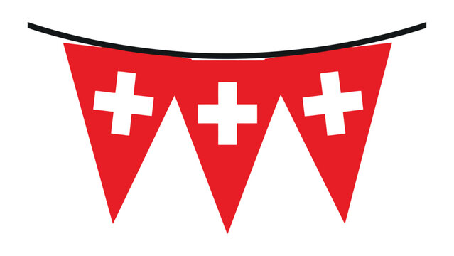 Bunting flags featuring the Swiss cross design hang on a string to decorate for a festive national celebration.
