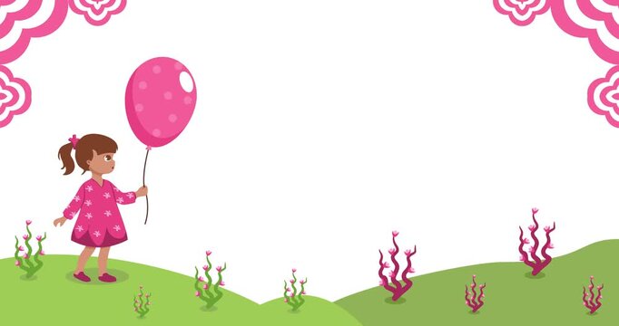 Animated illustration of a girl holding a balloon in a flower garden with pink decoration copy space