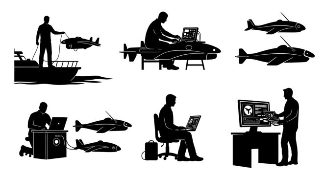 Technician operating radio systems on a boat with drones nearby indoors and outdoors