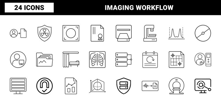 Medical imaging report workflow line icon set. Vector pictograms of radiology department, diagnostic tracking, healthcare administration, and clinical data elements, thin linear illustration.