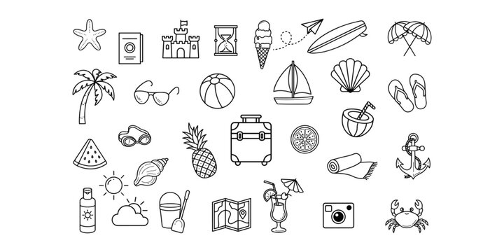 Black and white line beach vacation starfish sandcastle vector illustration isolated on white background.