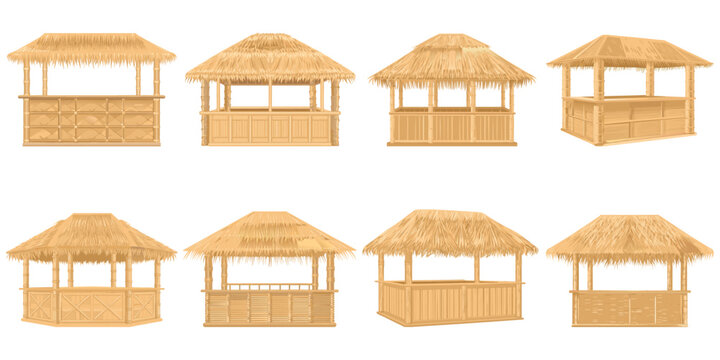 A collection of tropical bamboo tiki bars and beach gazebos featuring traditional thatched straw roofs.