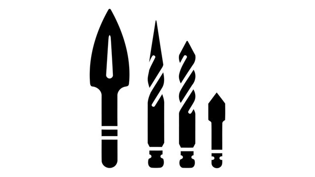 A vector illustration of a spade drill bit set icon, representing various sizes of drill bits used for woodworking, cons