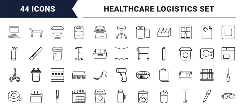 Clinic supply checklist line icon set. Vector pictograms of medical, inventory, logistics, and healthcare elements, thin linear illustration.