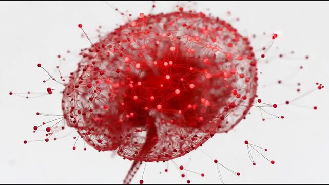 An abstract red neural network sphere shown in artistic style on a light background, concept of connectivity and complexity