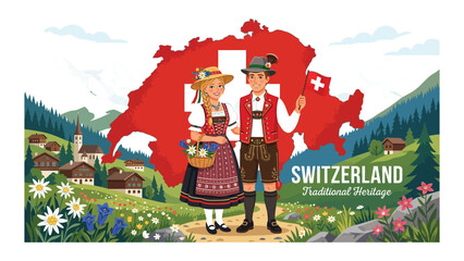 Swiss couple in traditional folk costumes stands in front of a scenic alpine landscape with a stylized national map background. © Sadee Girl