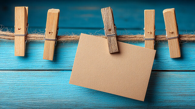 Blank paper sheet hanging on a clothesline with wooden pins against a rustic blue wooden