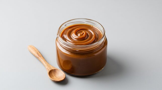 Commercial studio food photography of a glass jar filled with rich, swirling dulce de leche, paired with an artisanal wooden spoon &ndash; premium confectionery product advertising, Latin American culinary 