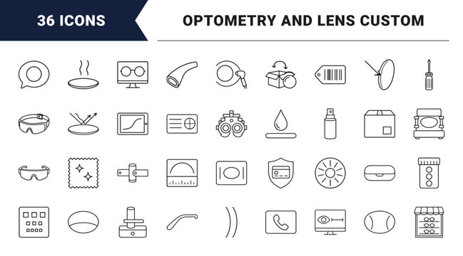 Optometry and vision care line icon set. Vector pictograms of prescription lens order, eyeglass frame selection, optical laboratory processing, and eye examination elements, thin linear illustration.