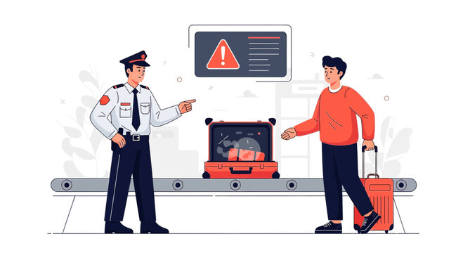 Airport Security Officer Checks Passenger Luggage at X-ray Scan